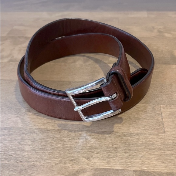 Vintage Men's Brown Italian Saddle Leather Belt w/Silver Square Buckle Sz 34 - Picture 1 of 10